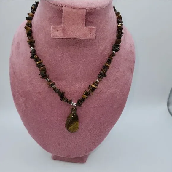 Natural Tiger Eye Stone Necklace Pendant Beaded 16 in Silver Tone Screw Clasp - Picture 2 of 6